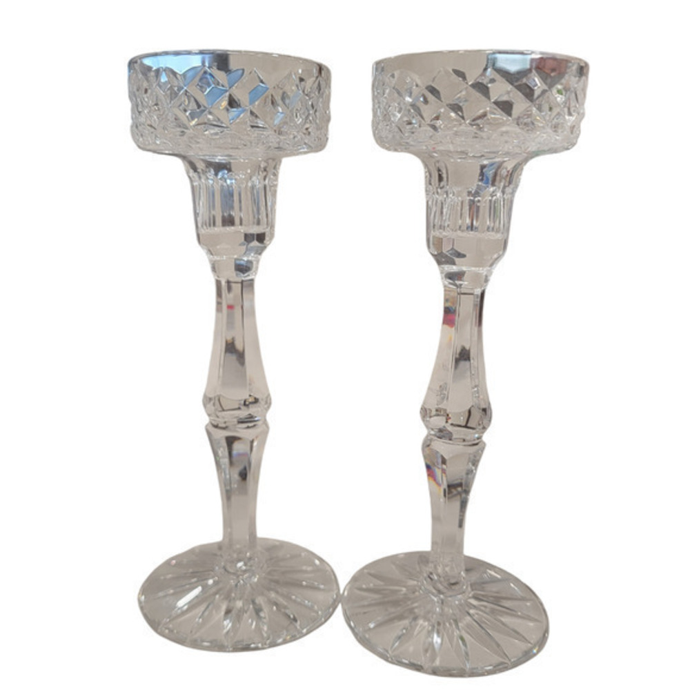 Set of 7.75" Chrome Crystal Candlestick Holders Glass Cut Heavyweight Decorative